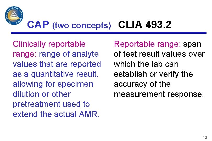 CAP (two concepts) CLIA 493. 2 Clinically reportable range: range of analyte values that