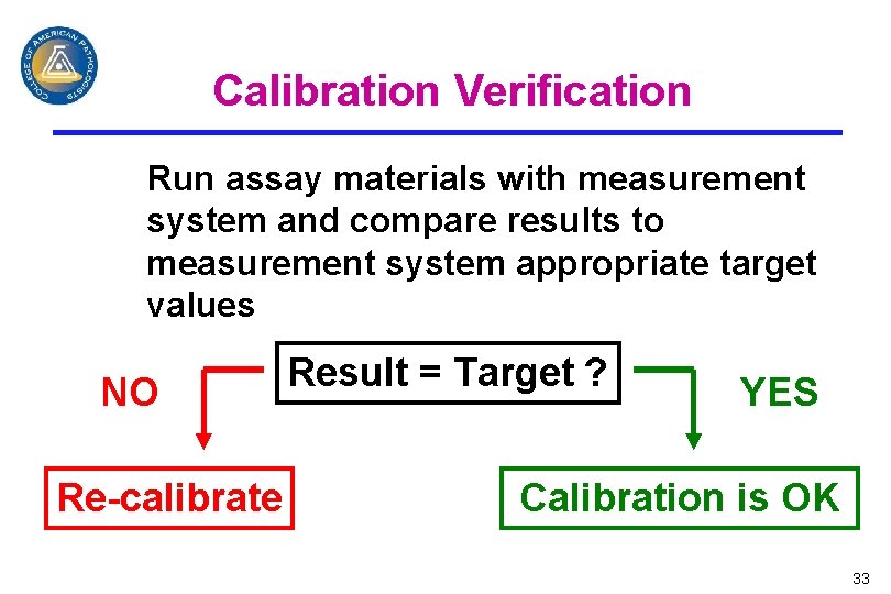 Calibration Verification Run assay materials with measurement system and compare results to measurement system