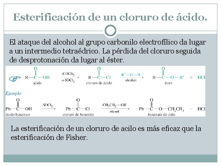Esterificación de un cloruro de ácido. El ataque del alcohol al grupo carbonilo electrofílico