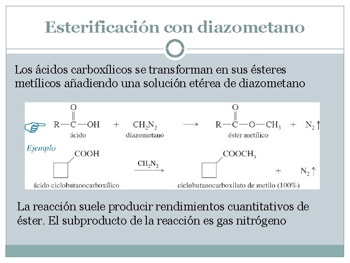 Esterificación con diazometano Los ácidos carboxílicos se transforman en sus ésteres metílicos añadiendo una