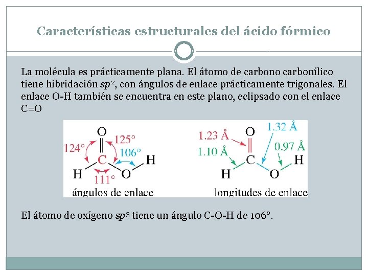 Características estructurales del ácido fórmico La molécula es prácticamente plana. El átomo de carbono