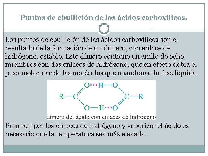 Puntos de ebullición de los ácidos carboxílicos. Los puntos de ebullición de los ácidos