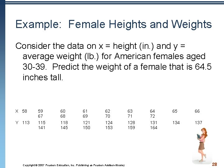 Example: Female Heights and Weights Consider the data on x = height (in. )