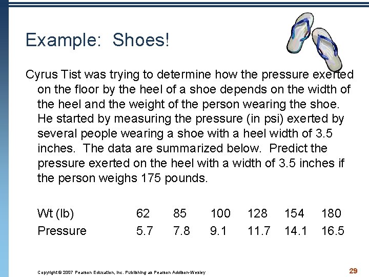 Example: Shoes! Cyrus Tist was trying to determine how the pressure exerted on the
