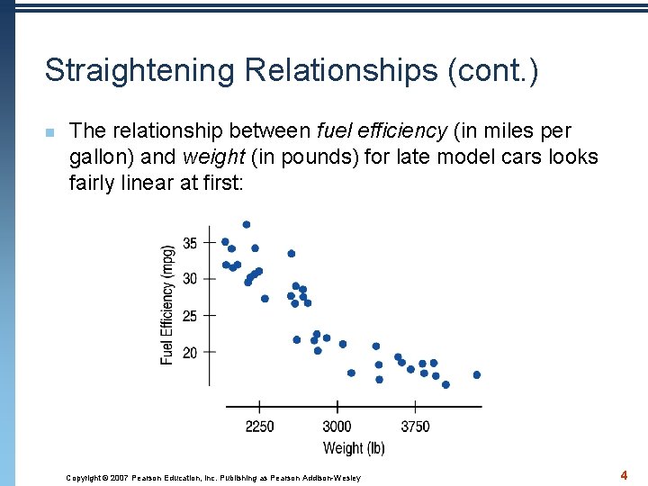 Straightening Relationships (cont. ) n The relationship between fuel efficiency (in miles per gallon)