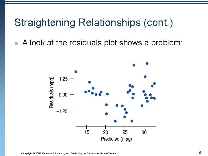 Straightening Relationships (cont. ) n A look at the residuals plot shows a problem: