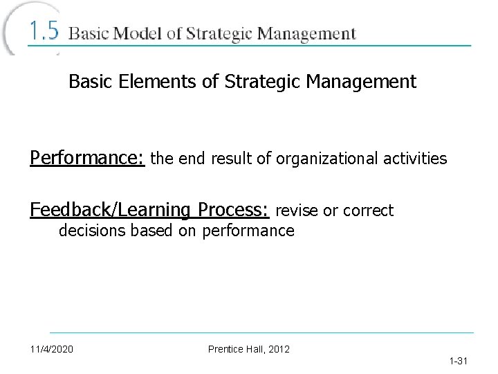 Basic Elements of Strategic Management Performance: the end result of organizational activities Feedback/Learning Process: