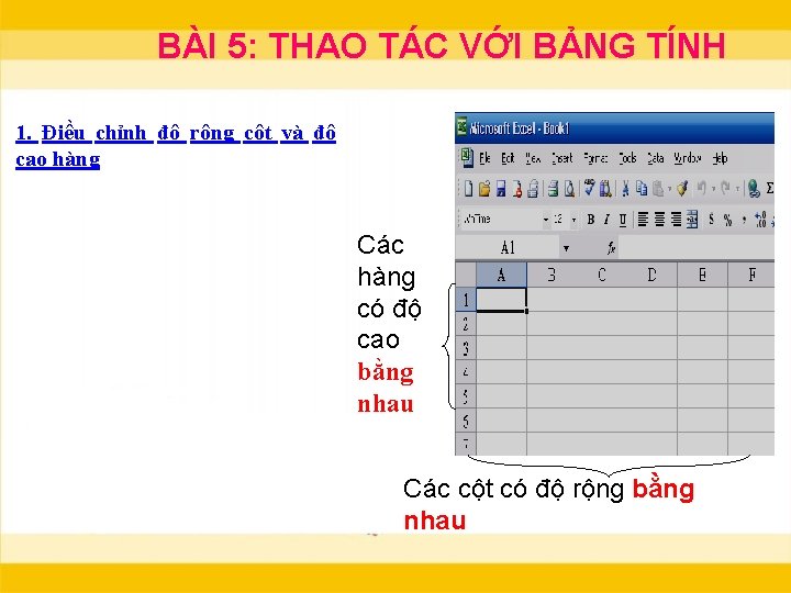 BÀI 5: THAO TÁC VỚI BẢNG TÍNH 1. Điều chỉnh độ rộng cột và