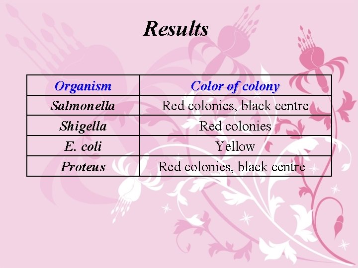 Results Organism Salmonella Shigella E. coli Proteus Color of colony Red colonies, black centre
