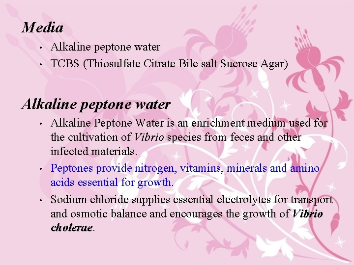 Media • • Alkaline peptone water TCBS (Thiosulfate Citrate Bile salt Sucrose Agar) Alkaline