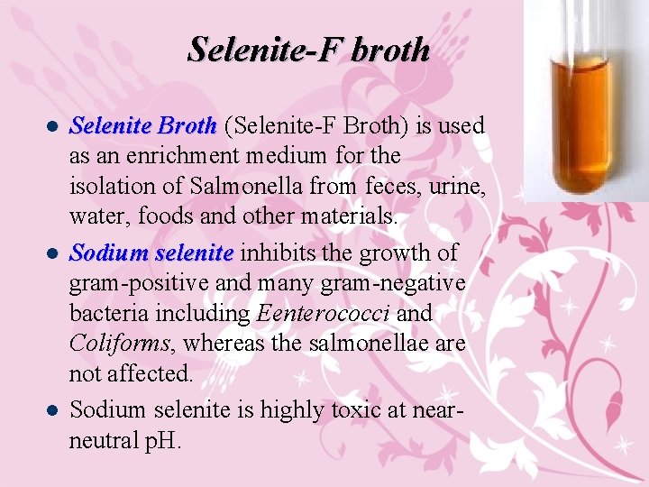 Selenite-F broth l l l Selenite Broth (Selenite-F Broth) is used as an enrichment