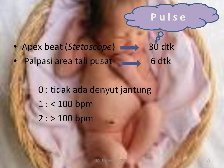 Pulse • Apex beat (Stetoscope) • Palpasi area tali pusat 30 dtk 6 dtk