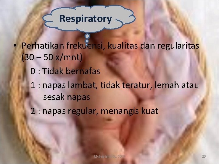 Respiratory • Perhatikan frekuensi, kualitas dan regularitas (30 – 50 x/mnt) 0 : Tidak