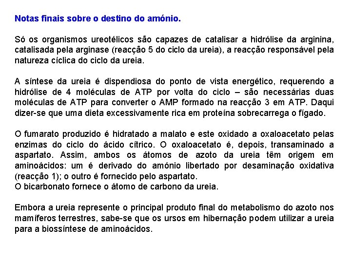 Notas finais sobre o destino do amónio. Só os organismos ureotélicos são capazes de