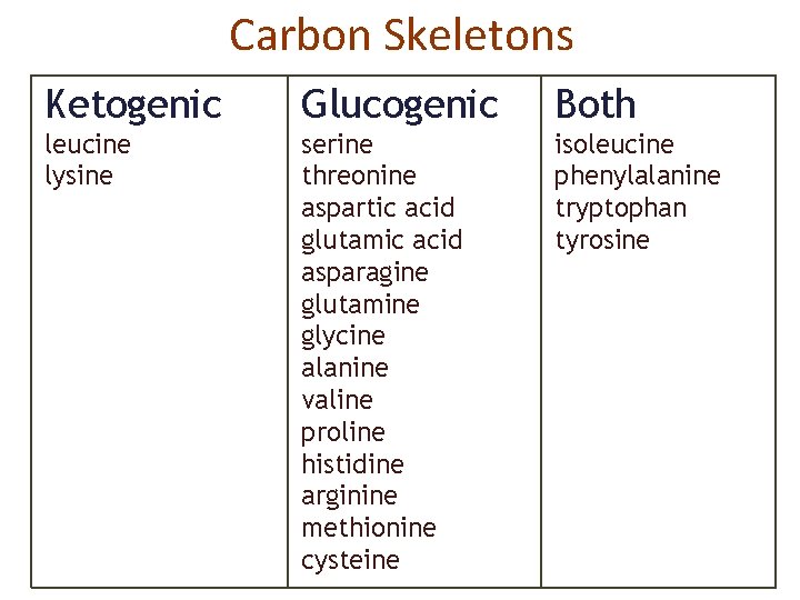 Carbon Skeletons Ketogenic Glucogenic Both leucine lysine serine threonine aspartic acid glutamic acid asparagine