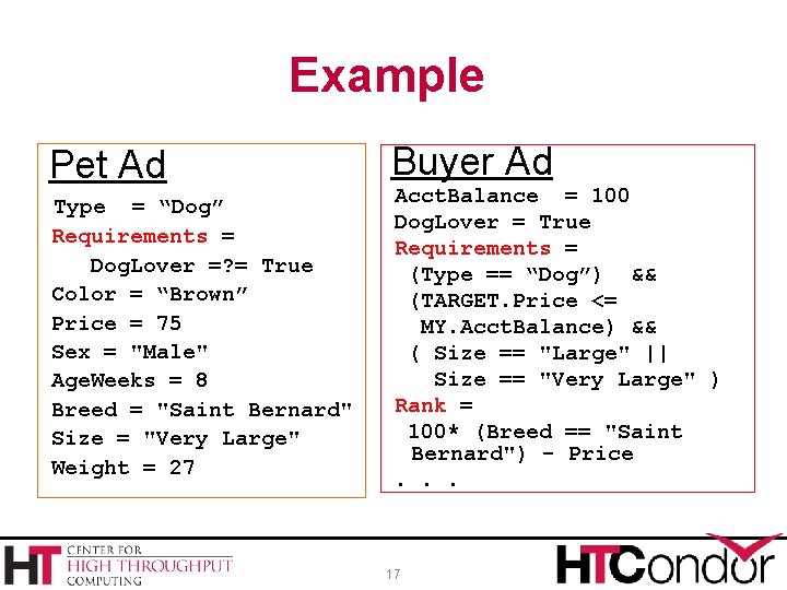 Example Pet Ad Type = “Dog” Requirements = Dog. Lover =? = True Color