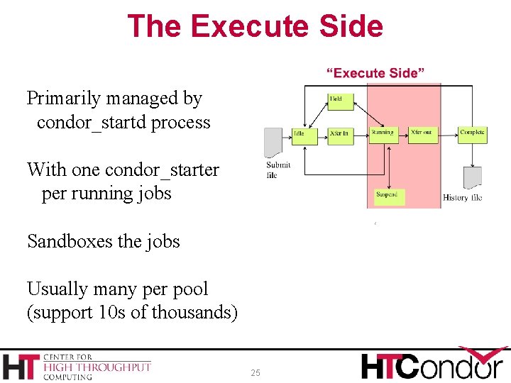 The Execute Side Primarily managed by condor_startd process With one condor_starter per running jobs