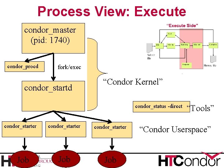 Process View: Execute condor_master (pid: 1740) condor_procd fork/exec condor_startd “Condor Kernel” condor_status -direct condor_starter