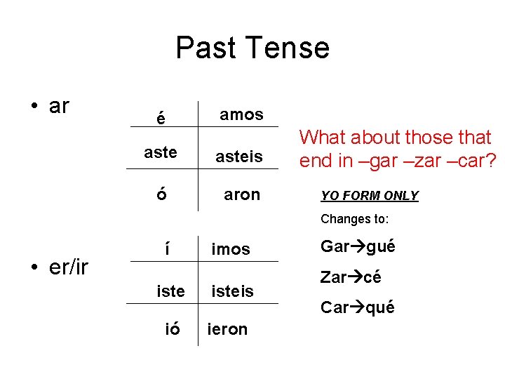Past Tense • ar é amos asteis ó aron What about those that end