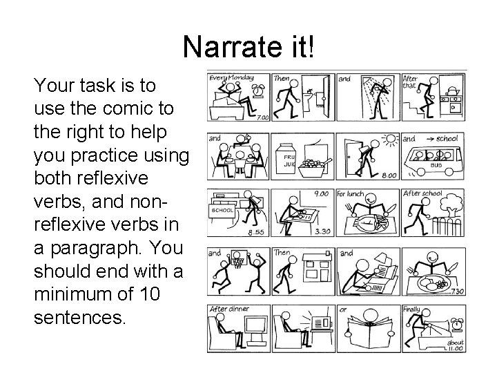 Narrate it! Your task is to use the comic to the right to help