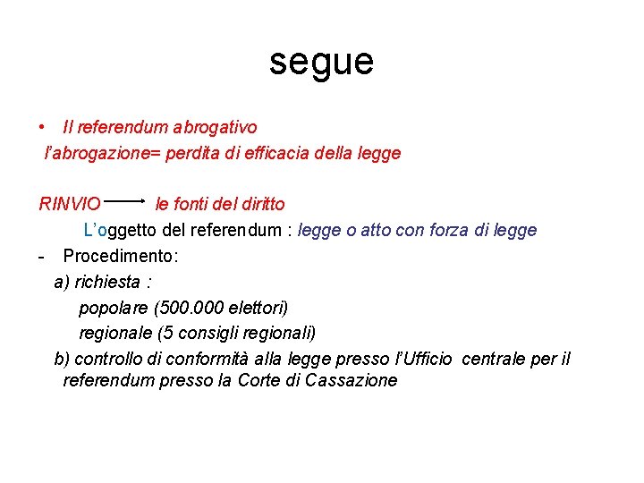 segue • Il referendum abrogativo l’abrogazione= perdita di efficacia della legge RINVIO le fonti