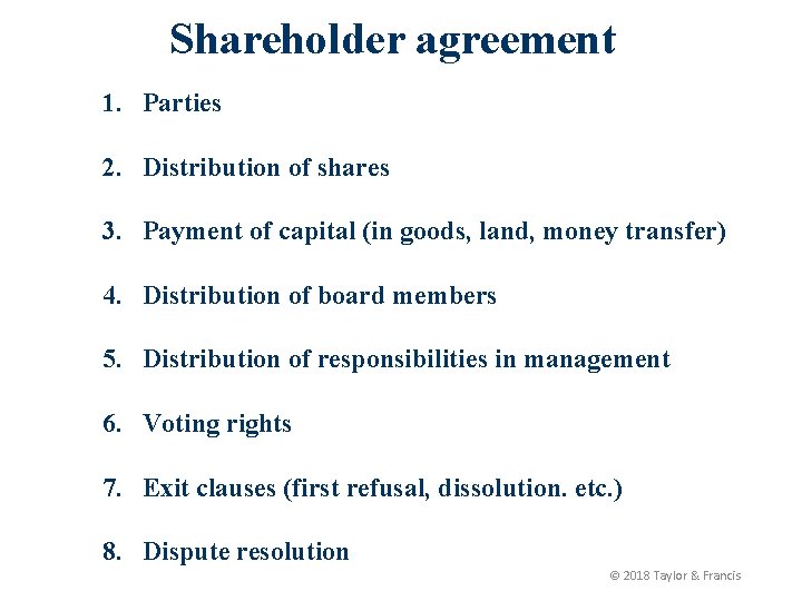 Shareholder agreement 1. Parties 2. Distribution of shares 3. Payment of capital (in goods,