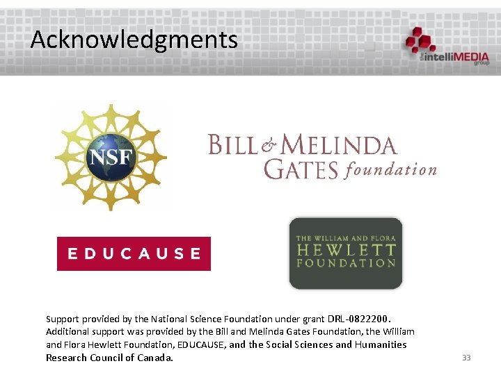 Acknowledgments Support provided by the National Science Foundation under grant DRL-0822200. Additional support was