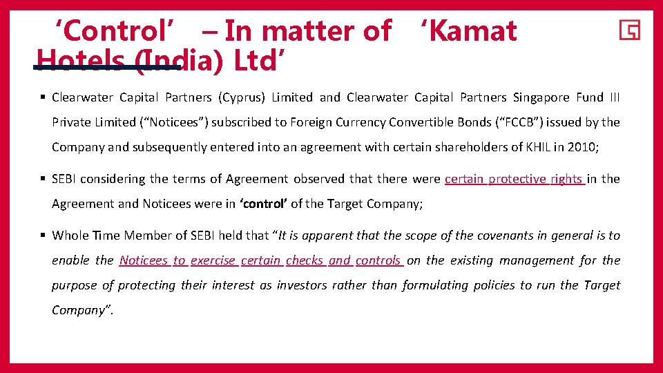 ‘Control’ – In matter of ‘Kamat Hotels (India) Ltd’ § Clearwater Capital Partners (Cyprus)