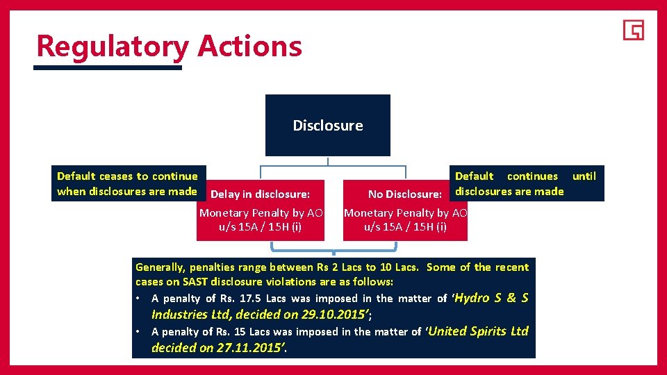 Regulatory Actions Disclosure Default ceases to continue when disclosures are made Delay in disclosure: