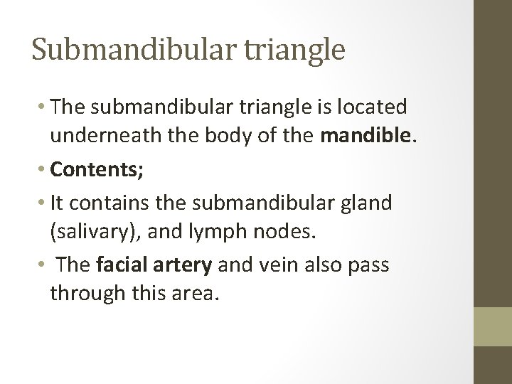 Submandibular triangle • The submandibular triangle is located underneath the body of the mandible.