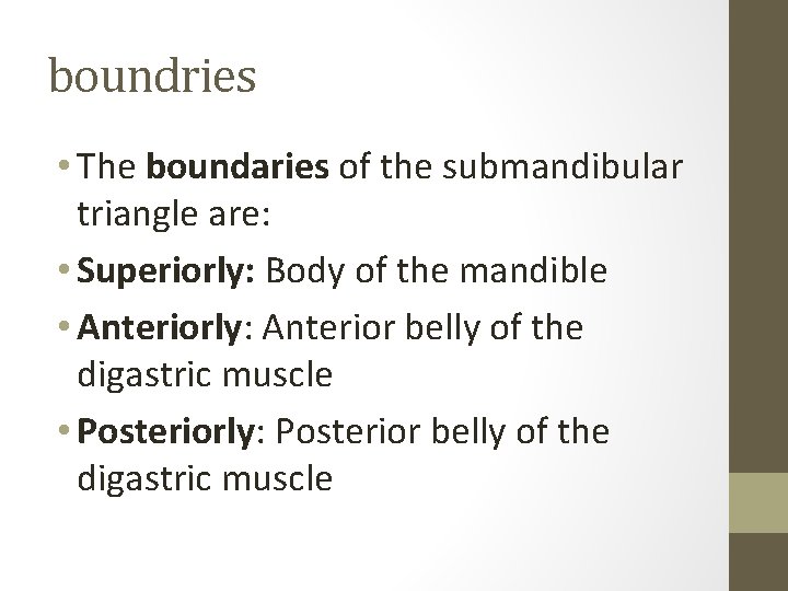 boundries • The boundaries of the submandibular triangle are: • Superiorly: Body of the