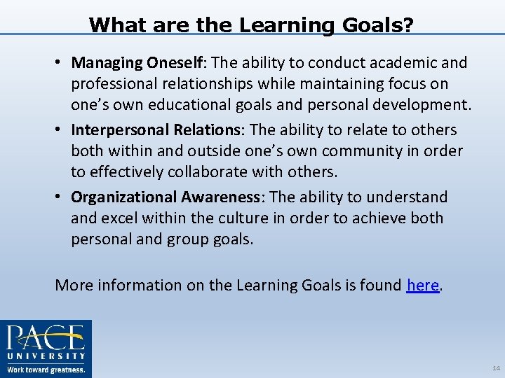 What are the Learning Goals? • Managing Oneself: The ability to conduct academic and