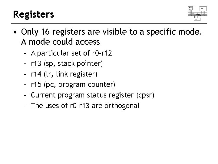 Registers • Only 16 registers are visible to a specific mode. A mode could