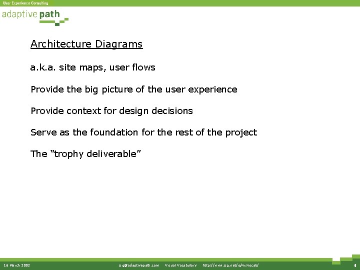 Architecture Diagrams a. k. a. site maps, user flows Provide the big picture of