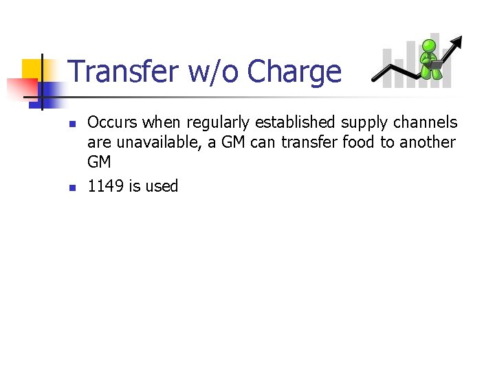 Transfer w/o Charge n n Occurs when regularly established supply channels are unavailable, a