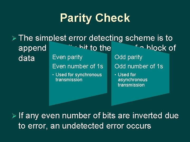 Parity Check Ø The simplest error detecting scheme is to append a parity bit