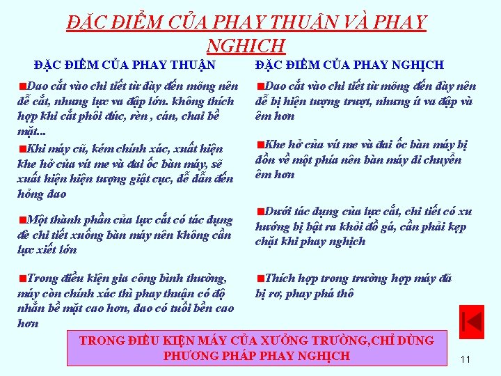 ĐẶC ĐIỂM CỦA PHAY THUẬN VÀ PHAY NGHỊCH ĐẶC ĐIỂM CỦA PHAY THUẬN Dao