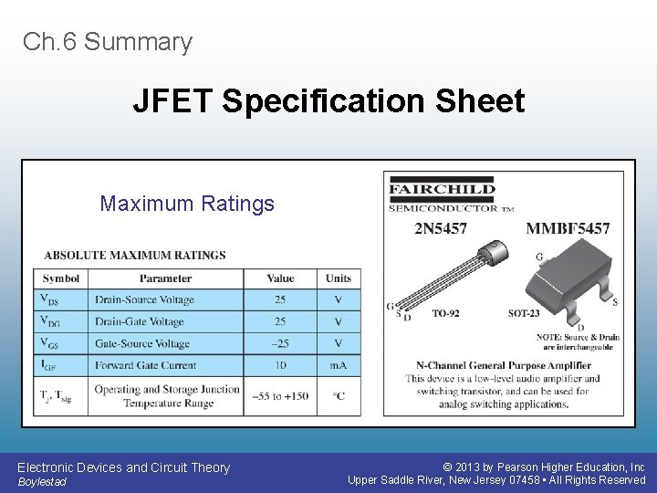 Ch. 6 Summary JFET Specification Sheet Maximum Ratings Electronic Devices and Circuit Theory Boylestad