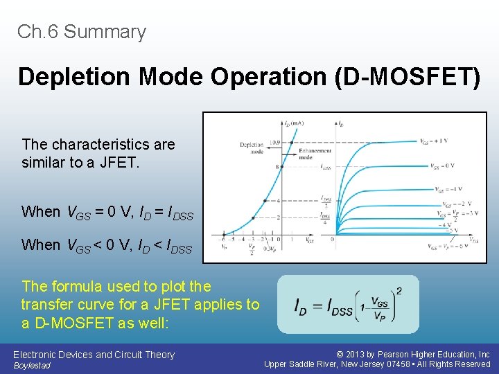 Ch. 6 Summary Depletion Mode Operation (D-MOSFET) The characteristics are similar to a JFET.