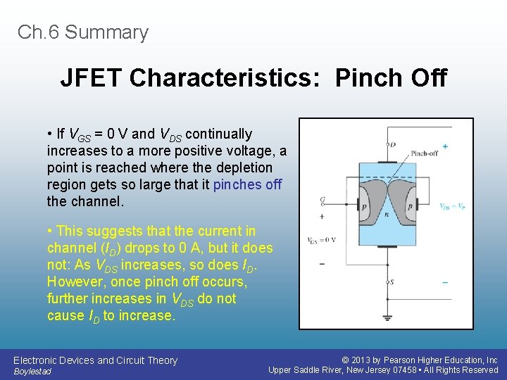 Ch. 6 Summary JFET Characteristics: Pinch Off • If VGS = 0 V and