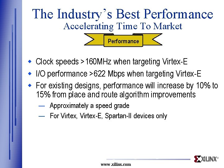 The Industry’s Best Performance Accelerating Time To Market Performance w Clock speeds >160 MHz The Industry’s Best Performance Accelerating Time To Market Performance w Clock speeds >160 MHz