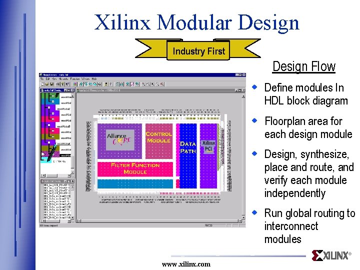 Xilinx Modular Design Industry First Design Flow w Define modules In HDL block diagram Xilinx Modular Design Industry First Design Flow w Define modules In HDL block diagram
