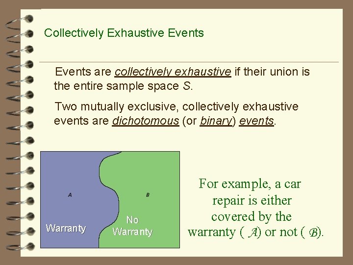 Collectively Exhaustive Events are collectively exhaustive if their union is the entire sample space