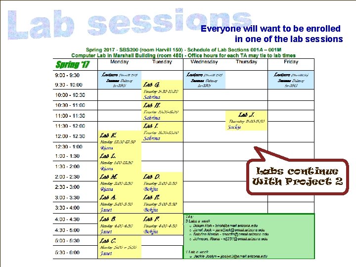 Everyone will want to be enrolled in one of the lab sessions Labs continue