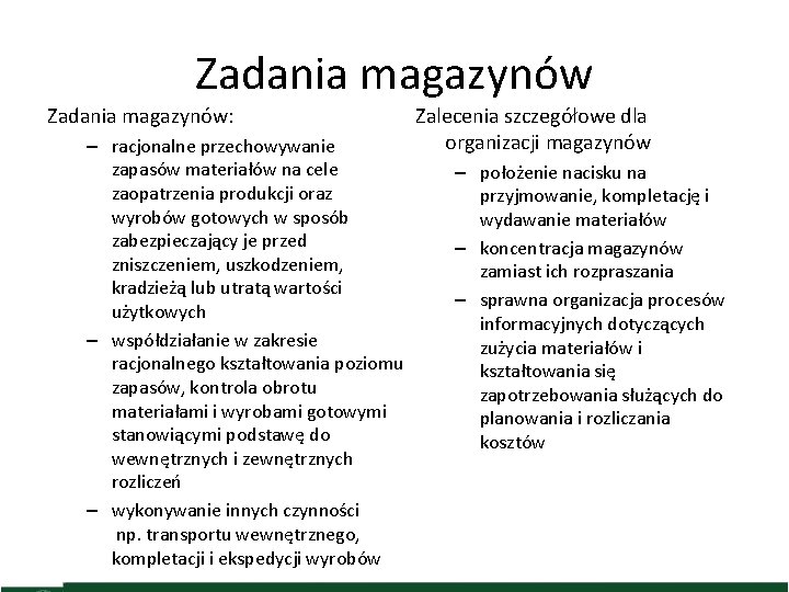 Zadania magazynów: – racjonalne przechowywanie zapasów materiałów na cele zaopatrzenia produkcji oraz wyrobów gotowych