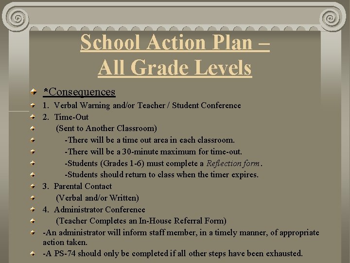 School Action Plan – All Grade Levels *Consequences 1. Verbal Warning and/or Teacher /