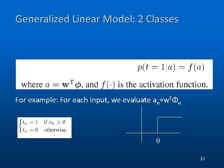 Generalized Linear Model: 2 Classes For example: For each input, we evaluate an=w. TΦn Generalized Linear Model: 2 Classes For example: For each input, we evaluate an=w. TΦn
