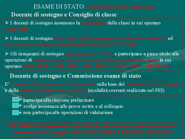 ESAME DI STATO: L’INSEGNANTE DI SOSTEGNO Docente di sostegno e Consiglio di classe Ø