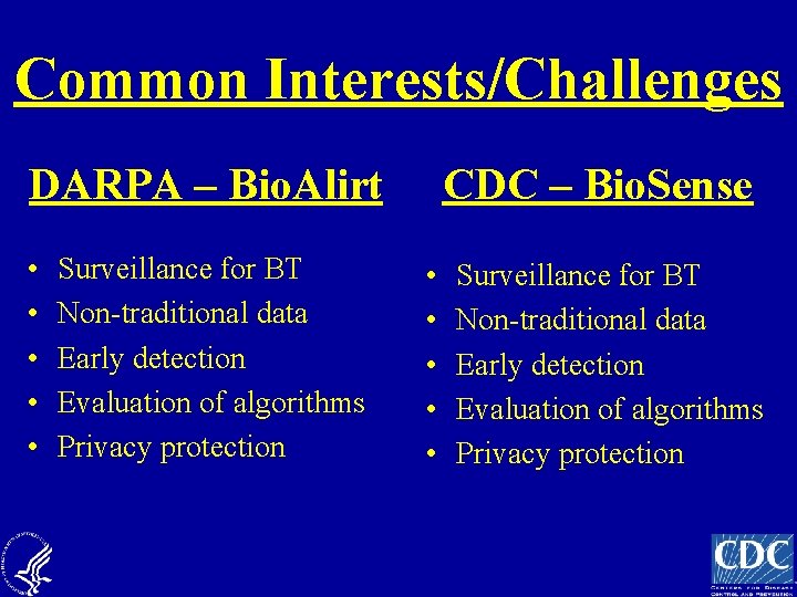 Common Interests/Challenges DARPA – Bio. Alirt • • • Surveillance for BT Non-traditional data