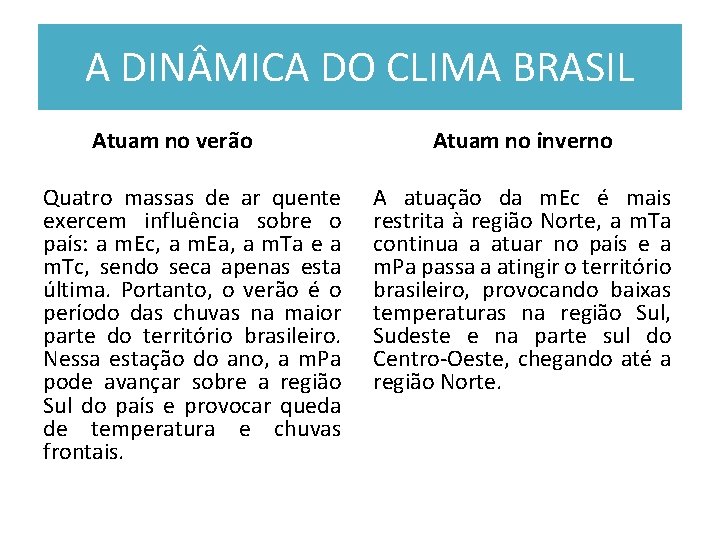 A DIN MICA DO CLIMA BRASIL Atuam no verão Atuam no inverno Quatro massas